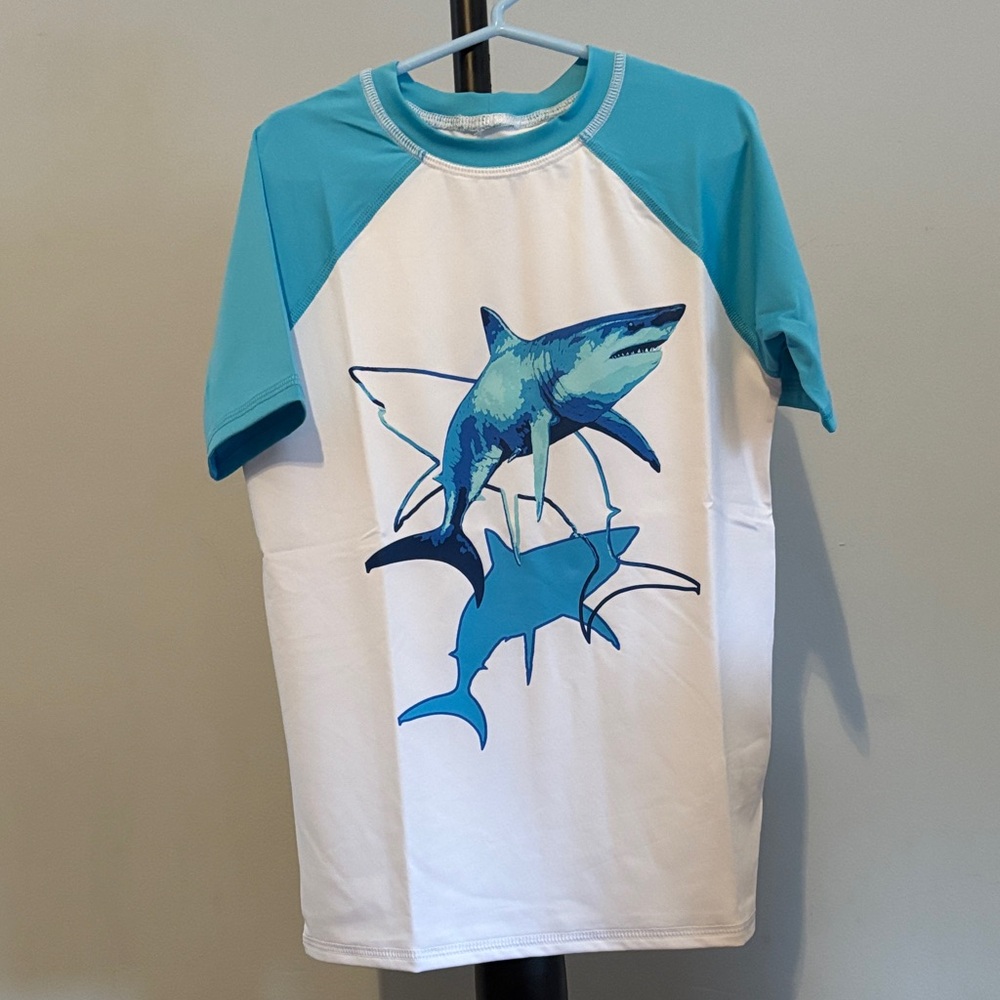 Boys Short Sleeve Shark Rash Guard - Teal & White Swim Shirt